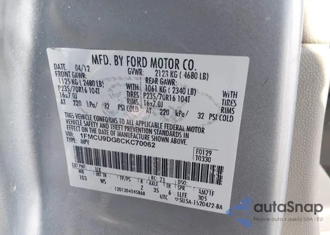 2012 Ford Escape Xlt z USA, uszkodzony, nr VIN 1FMCU9DG8CKC70062